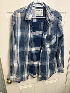 Garage Blue and White Plaid Denim Button-Down Shirt